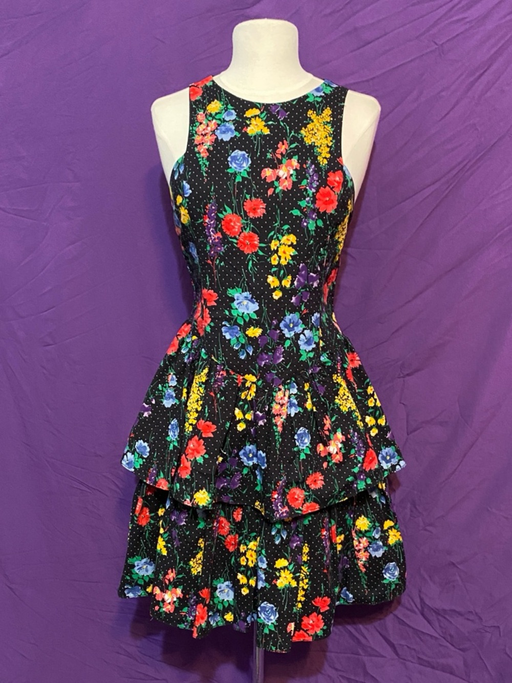Vintage 80s All that Jazz Black Floral Tiered Mini Dress with Bright Blooms.